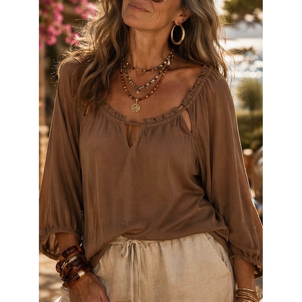 Chico's Women Top Brown XL Long‎ Sleeve Cutout Ruffle Neck Rayon Blend